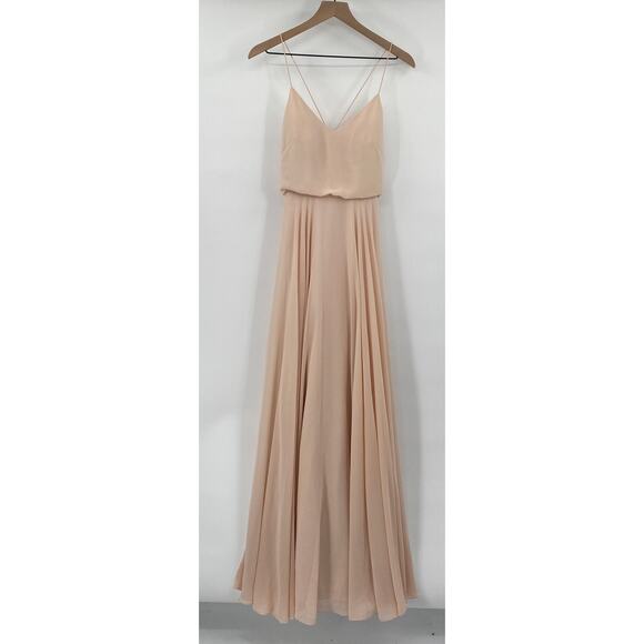 Jenny Yoo BHLDN Inesse Gown Chiffon Blouson Fit & Flare V Neck Desert Rose 0 - Picture 3 of 10